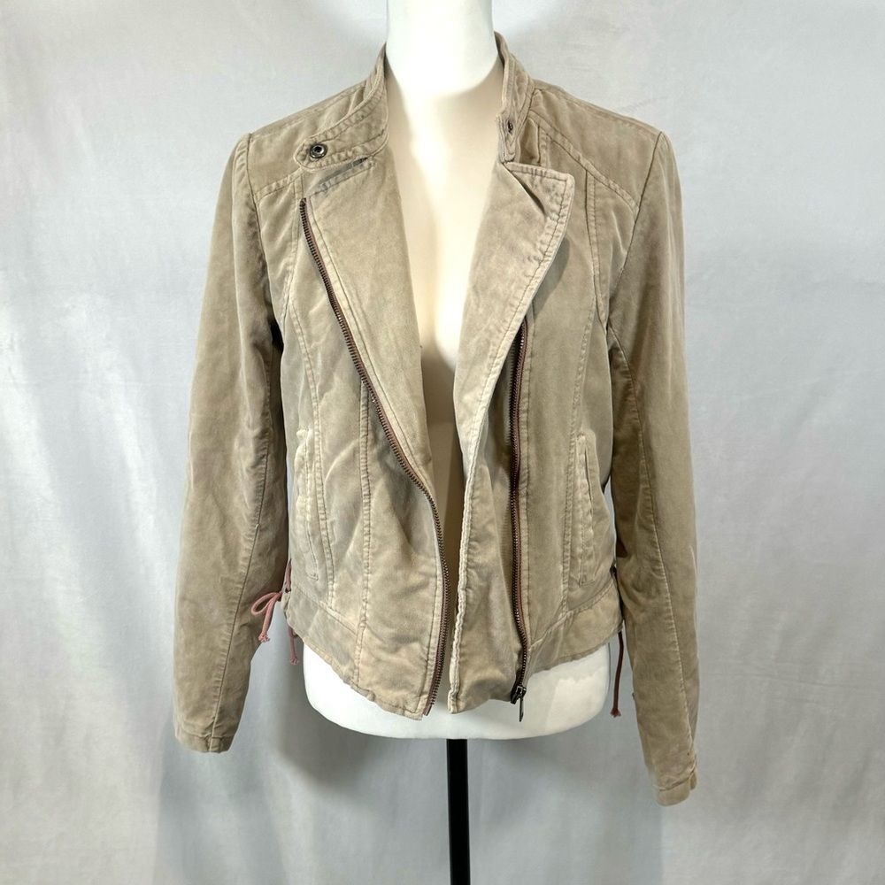 Maurice's Tan Beige Velvet Moto Bomber Jacket Laced Sides Full Zip Size Small